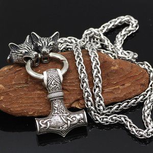 Wolf Head Mjolnir Thor Hammer Pendant Steel Necklace Viking Celtic Norse Gifts